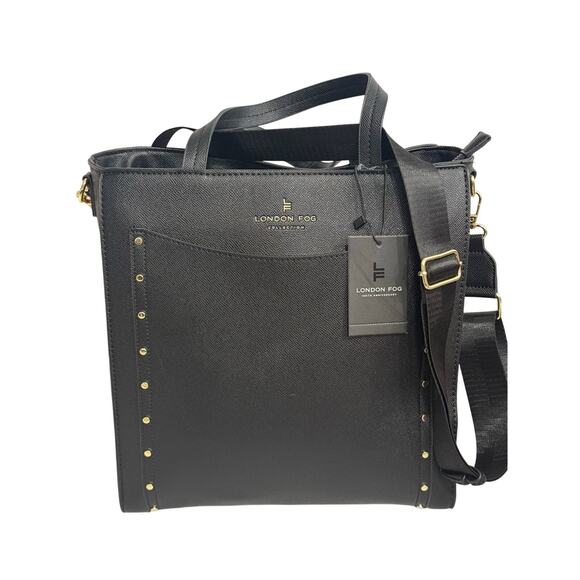 London Fog Sophia Studded Black Tote Bag NWT Faux Leather Gold Hardware - Picture 14 of 14